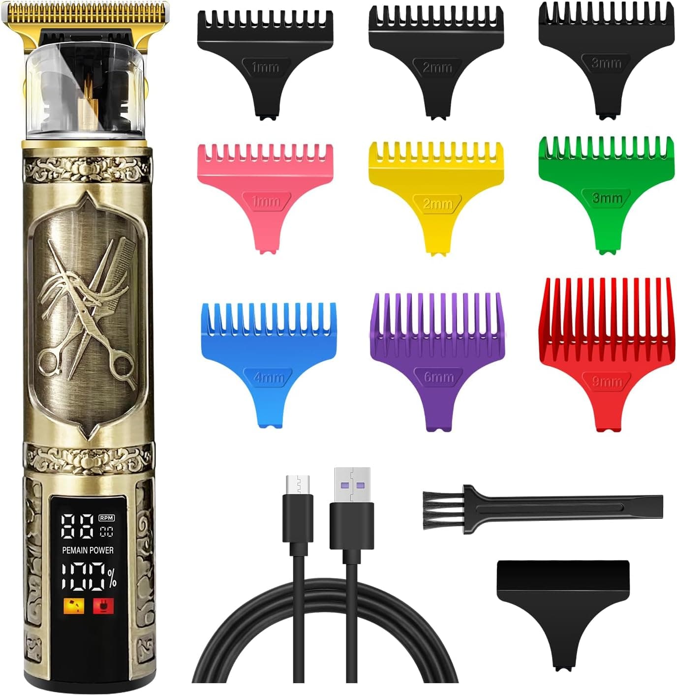 Professional Hair Clippers with LCD Display, Electric T Blade Hair Trimmer with 9 Guide Combs Cordless Rechargeable Zero Gapped Electric Shavers for Men, Hair Cutting Kit for Barbers and Stylists